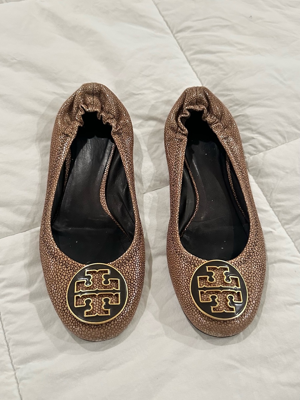 Tory Burch Metallic Bronze Logo Ballet Flats